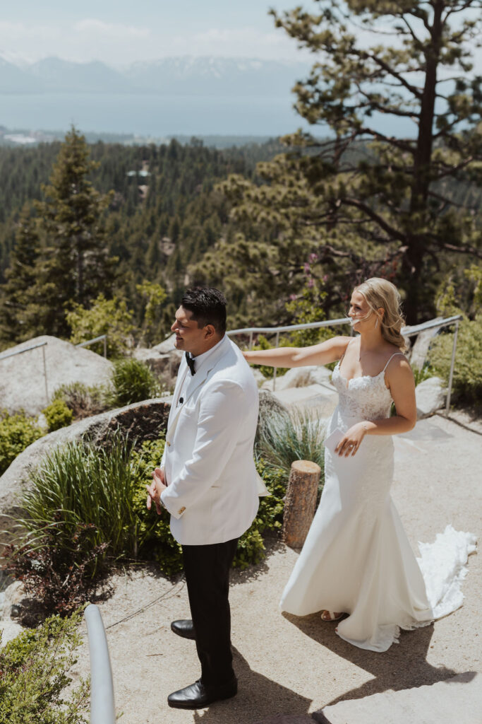 first look with bride and groom in front of Lake Tahoe