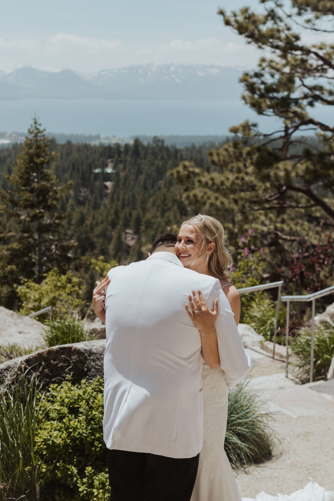 first look with bride and groom in front of Lake Tahoe