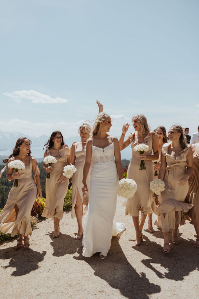 bride and bridesmaid photos with champagne dresses